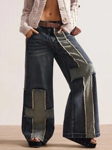 Bohemela Women's Casual Loose Woven Wide-Leg Jeans Patchwork Jeans Wide Leg Jeans Women Jeans Denim Pants - Blue - View 6
