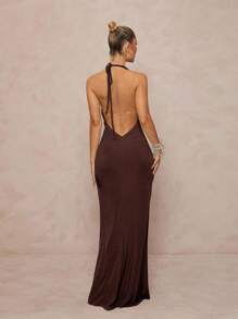 Lumalex Metallic Vacation Beach Music Festival Halter Neck Elegant Deep V Elastic Beautiful Women Dress Formal Dresses For Wedding Guest - Coffee Brown - View 2