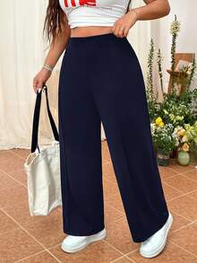 SHEIN EZwear 大码女装纯色简约直筒休闲裤海军蓝裤子高腰裤阔腿裤秋冬 - 藏蓝色 - 查看 5