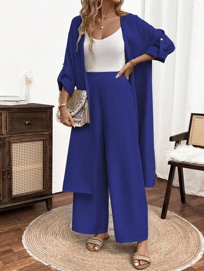 SHEIN JORESS 2pcs Women Casual Solid Color Long Sleeve Shirt And Pants Set