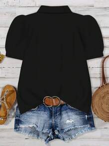 EMERY ROSE 大码休闲黑色泡泡袖衬衫，夏季，适合复活节、波西米亚风、文艺复兴博览会、婚礼嘉宾、母亲节、简约时尚度假