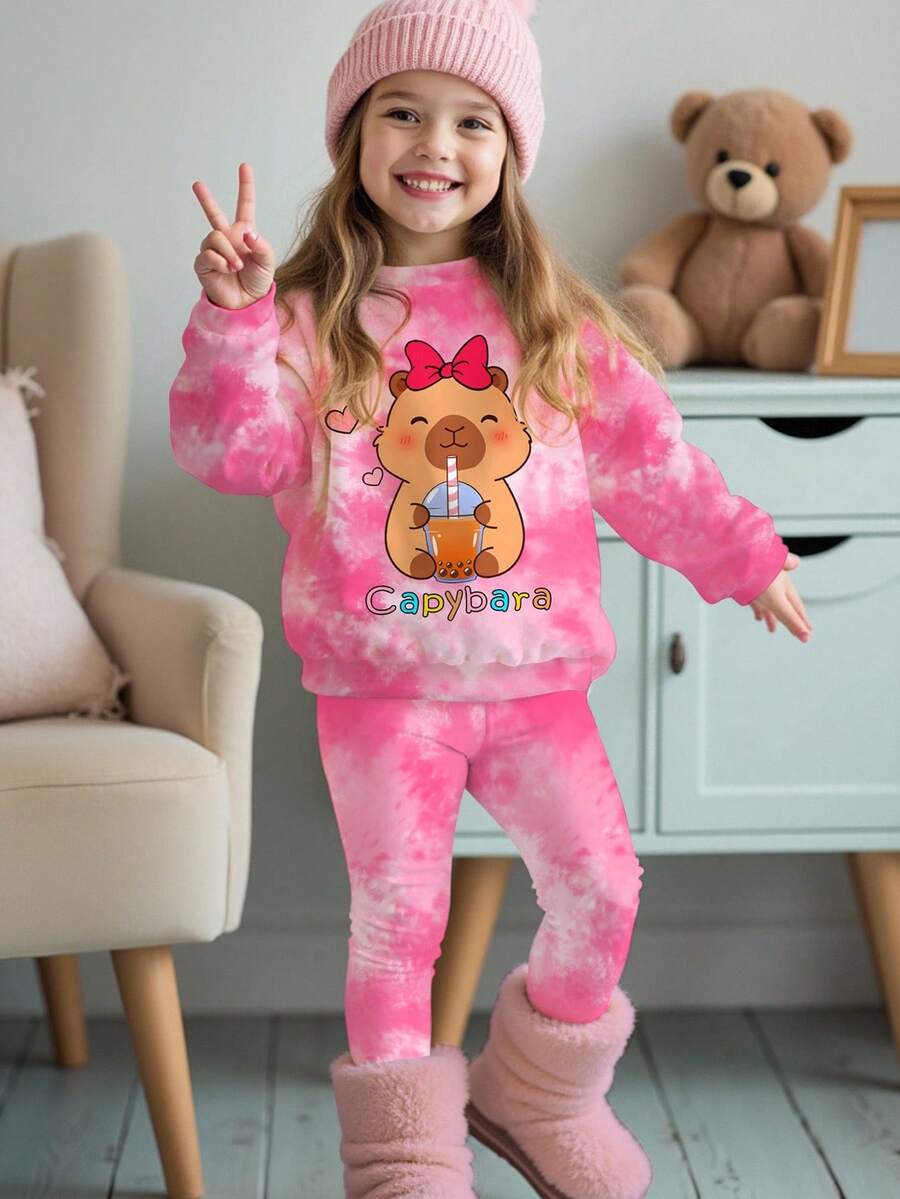 SHEIN Happikins 2pcs/Set Kids Girls Casual Cute Cartoon Capybara Print Tie-Dye Crew Neck Long Sleeve Sweatshirt And Leggings Outfit 7th Birthday - Multicolor - View 1