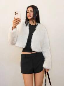 SHEIN Tall 秋冬度假纯色梭织开襟长袖短款人造毛皮女式夹克 - 白色 - 查看 1