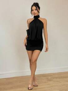 SHEIN PETITE Elegant Sleeveless Black Mini Dress With Ruched Detail And Cold Shoulder Style Halter Neck Dress Black Dress Halter Top Black Halter Dress,Black Dresses Classy Elegant ,Party Dress - Black - View 5