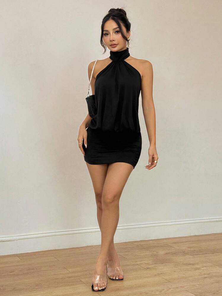 SHEIN PETITE Elegant Sleeveless Black Mini Dress With Ruched Detail And  Cold Shoulder Style Halter Neck Dress Black Dress Halter Top Black Halter  Dress,Black Dresses Classy Elegant ,Party Dress | SHEIN USA