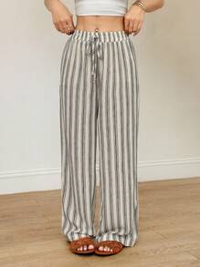 SHEIN PETITE 女式度假休闲条纹直筒裤 - 卡其色 - 查看 9