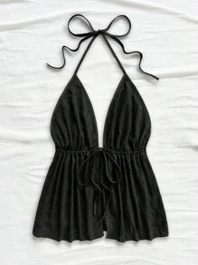 Soleia 休闲 V 领系带露背纹理面料红色背心 - 黑色 - 查看 7