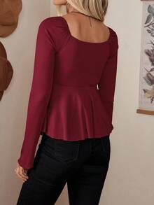 LanaWest Camiseta de manga larga con cuello en V roja y cordón, de estilo vintage dulce para el otoño, para mujer