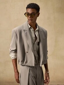 AKNOTIC 2pcs Business Casual Men's Fashion Loose Woven Khaki Regular Shoulder Fitted Short Suit Blazer Set, Suitable For Summer, Autumn, Vacation, Wedding, Party, Graduation Gift - Khaki - View 5