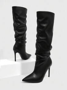 CUCCOO SZL Women's Rhinestone Pointed Toe Pleated Thigh High Boots, Fashionable For Date & Party Outfit For Christmas Spring Shoes - Black - View 6