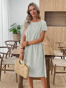 EMERY ROSE Váy cổ tròn sọc thường ngày mùa hè cho nữ Váy thường ngày mùa hè Váy ngắn tay mùa hè Váy sọc mùa hè Váy mùa hè cho nữ - màu xanh lá - Xem 5