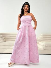 Solflare Plus Size Women Strapless Bowknot Striped Ruched Dress, Pink,Summer Outfits For Women - Pink - View 3