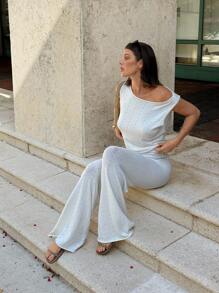 Siren Gaze 女式纯色不对称肩针织上衣和针织裤休闲度假套装，白色女式毛衣两件套，单肩针织上衣，白色毛衣裤套装，返校服，秋季女装白色裤子套装，全白派对装 - 米色 - 查看 8