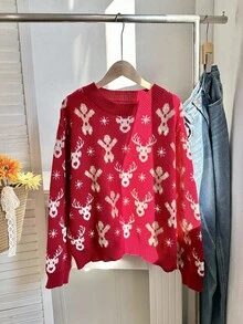 Comfortcana 大码休闲圣诞驯鹿图案毛衣，秋冬 - 彩色 - 查看 3