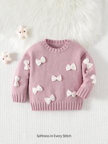 Cozy Pixies Baby Girl Colorblock Bow Decor Crew Neck Long Sleeve Pullover Sweater, Versatile & Comfortable,In Fall/Winter - Multicolor - View 3
