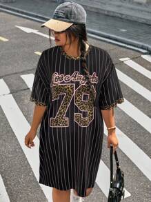 SHEIN EZwear 大码豹纹字母图案宽松T恤连衣裙，夏季 - 彩色 - 查看 1