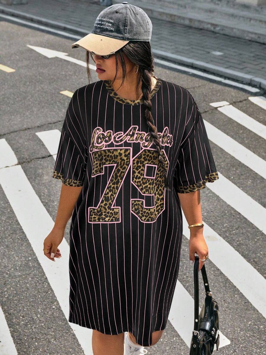 SHEIN EZwear 大码豹纹字母图案宽松T恤连衣裙,夏季 - 彩色 - 查看 1