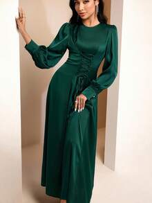 Veilorie Lace-Up, Waist-Cinching, Slimming Elegant Cocktail Dress With Sophisticated Design - Dark Green - View 2