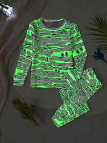 Young Boy Glow-In-The-Dark Halloween Mummy Element Pajama Set, Green Glow Effect, Stretchy Soft Fabric, Long Sleeve Top And Leggings Snug Fit Boys Glow In The Dark Pajamas Fall Winter - Green - View 9