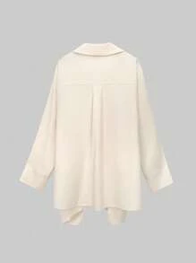SHEIN LUNE 2 件大码纯色长袖抽绳简约上衣和裤子套装 - 黑色 - 查看 3