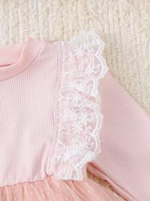 SHEIN Baby Girls' Pink Lace Patchwork Elegant Long Sleeve Dress - Pink - View 7