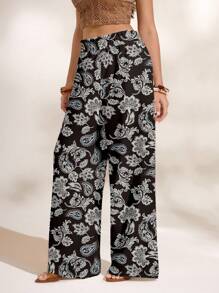 Shutterstock Glamance 女士印花图案休闲日常裤 波西米亚风裤 阔腿裤 花卉印花裤 佩斯利花纹裤 夏威夷风情女装 - 黑與白 - 查看 1