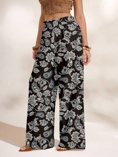 Shutterstock Glamance 女士印花图案休闲日常裤 波西米亚风裤 阔腿裤 花卉印花裤 佩斯利花纹裤 夏威夷风情女装