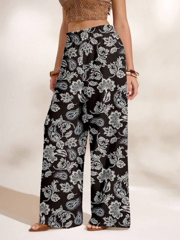 Shutterstock Glamance 女士印花图案休闲日常裤 波西米亚风裤 阔腿裤 花卉印花裤 佩斯利花纹裤 夏威夷风情女装