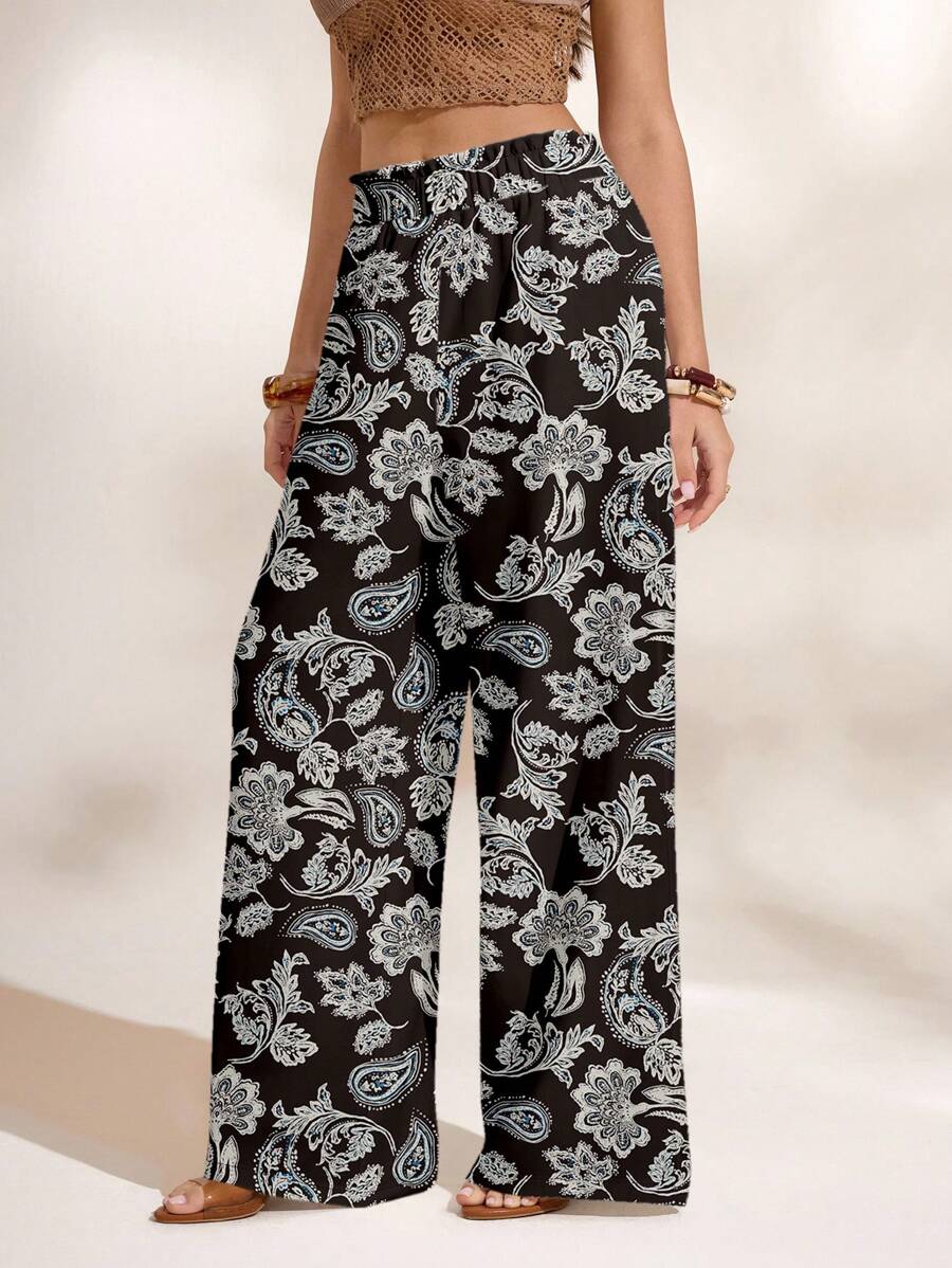 Shutterstock Glamance 女士印花图案休闲日常裤 波西米亚风裤 阔腿裤 花卉印花裤 佩斯利花纹裤 夏威夷风情女装 - 黑與白 - 查看 1