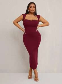 SHEIN SXY 大码女式优雅性感露背 T 领弹力针织修身中长连衣裙，适合婚礼季、浪漫狂欢节、度假、通勤、返校季、毕业典礼、约会、情人节、邮轮装束、单身派对装束、俱乐部、可爱、休闲、购物、街头服饰、外出、易于搭配且看起来苗条，凸显您的身材，修饰身材 - 酒紅色 - 查看 8