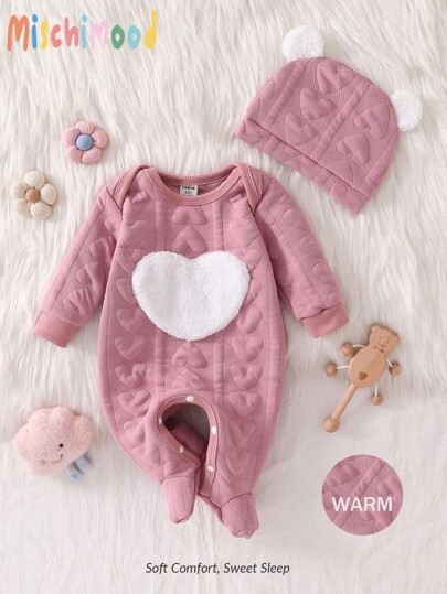 Conjunto de ranaper acolchado de manga larga con estampado de corazón blanco y gorro para bebé niña, para invierno