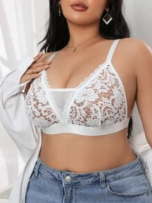 SHEIN Lingerie in taglia curvy, colore unito, in rete e pizzo, sexy e trasparente - Bianco - Visualizzare 1