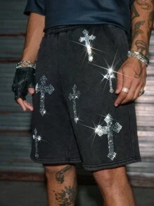 AXEPEAK Men's Elastic Waist Rhinestone Cross Pattern Pocket Loose Shorts - Black - View 7