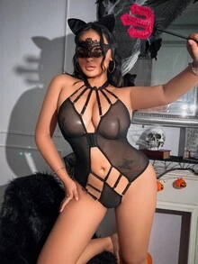 Fantasy Costume 3 件套加大码性感网眼内衣套装，无钢圈，万圣节适用