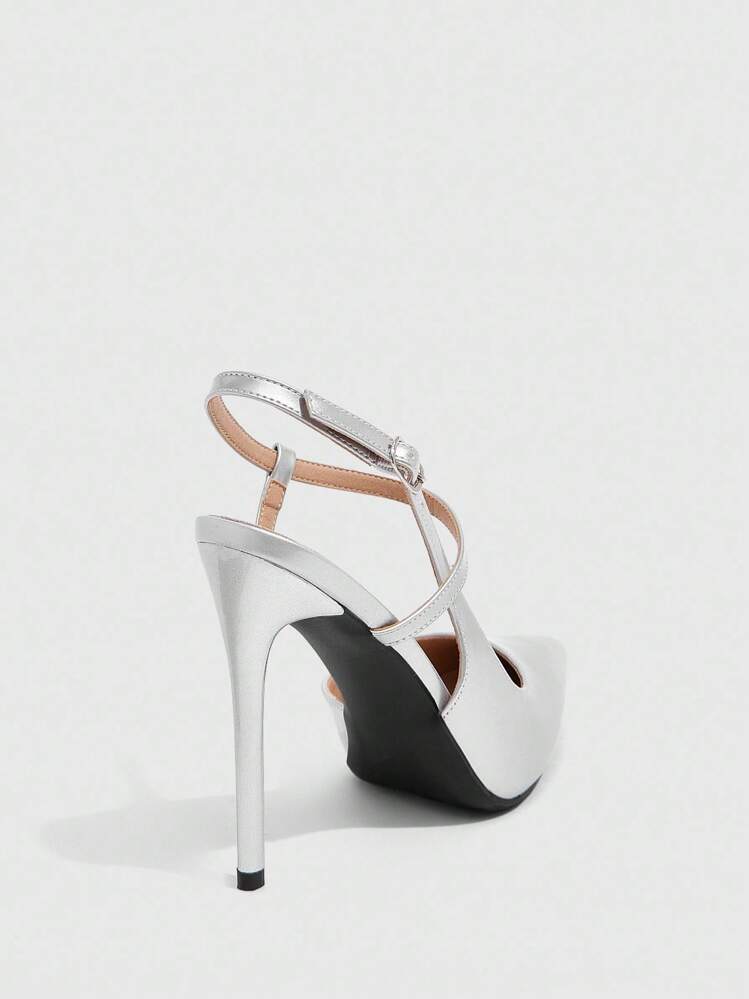 CUCCOO SZL Silver Pointed Toe Stiletto Heel Sexy Fashion Clubwear Party Runway High Heel Slingback Pumps For Women For Christmas - Silver - View 8