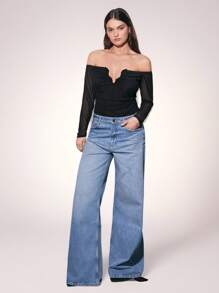 Maija Women's Elegant Ruched Neckline And Mesh Long Sleeve Plus Size Bodysuit - Black - View 6