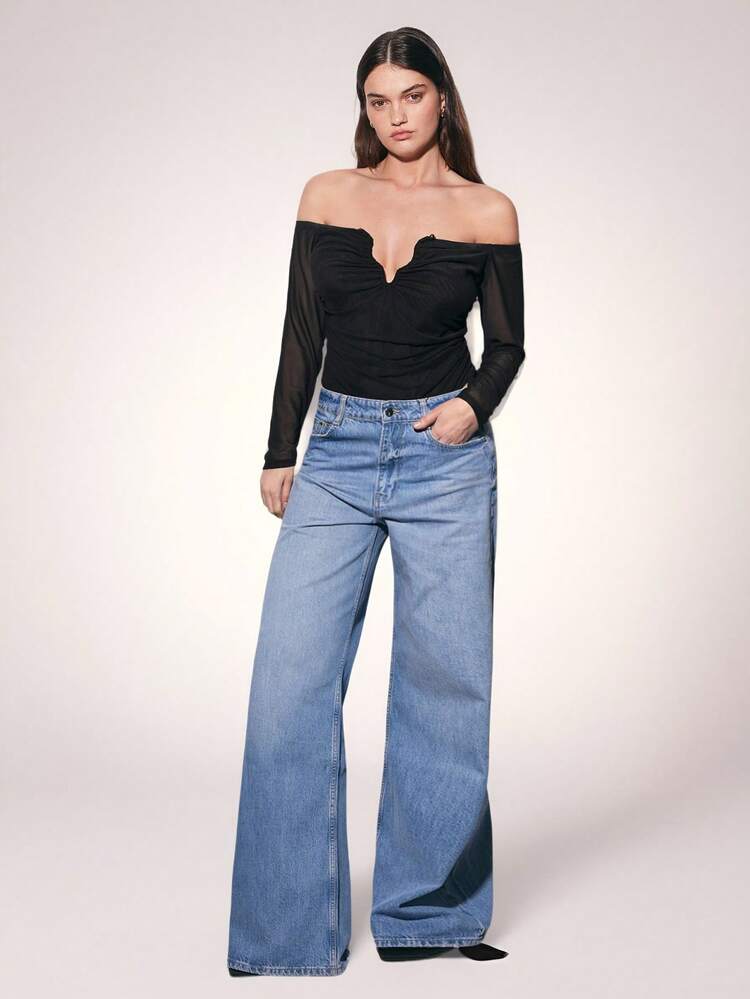 Maija Women's Elegant Ruched Neckline And Mesh Long Sleeve Plus Size Bodysuit - Black - View 6