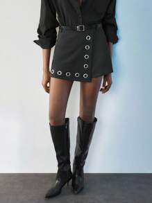 Maija Outfit Deas For Black Skort With Belt, Front Double-Breasted Design With Belt, Side Concealed Zipper Closure Y2k Women Black Skirt Edgy Woman Blazer Skirt Black Grommet Skirt Graduation Dress Women Weddings & Events - Black - View 6