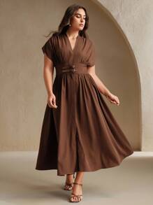 Anewsta Summer Fashion V-Neck Tie Waist Fitted A-Line Peplum Midi Dress - Coffee Brown - View 5