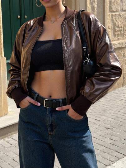 INAWLY Women's Short Solid Color Zip-Up Baseball Jacket Fall Winter Cloth For Women