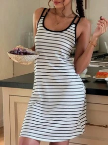 SHEIN Lightweight Short Nightgown With Scoop Neck And Striped Pattern In Soft Knitted Fabric Tank Sleep Dress
