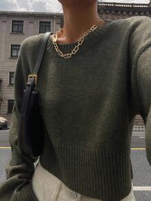 DAZY Loose Fit Cropped Pullover Sweater For Women, Versatile New Style Fall - Army Green - View 1
