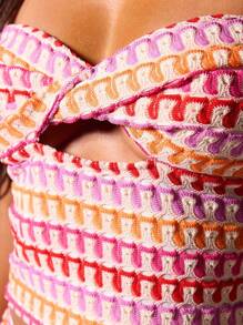 MUSERA Patterned Crochet Knit Twist Front Fitted Sleeveless Sexy Bandeau Top Only For Ibiza Vacation Holiday Festival Rave Beachwear Tequila Sunrise Tube Top Going Out Tops Club Sexy Fall - Multicolor - View 5