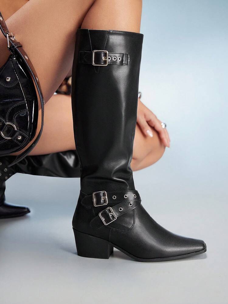 CUCCOO GRLICON Women's Outdoor Square Toe Chunky Heel Black PU Fabric Silver Button Decor Fashion Comfortable Daily Party Slip-On Boots, Suitable For Christmas, Halloween, Y2K Style