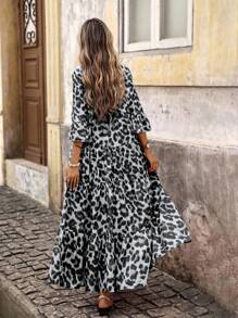 Brillora 女式梭织印花短袖长裙 - 黑色 - 查看 2