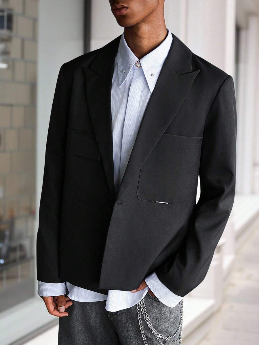 Manfinity Hypemode Men's Street Style Suit Blazer, Men's Fashionable Long Sleeve Blazer With Pocket Design, Excellent Gift For Men , Men Baggy Suit , Smart Casual , Black - Black - View 1