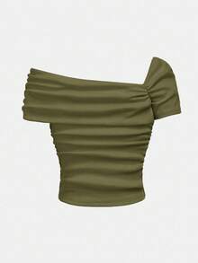 SHEIN Girlism Teen Girl Ribbed Knit One Shoulder Ruched Fitted Casual T-Shirt, Versatile Off The Shoulder Top Green Tops Tube Top