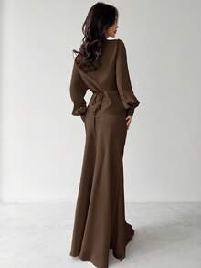 Firerie Women's Elegant Apricot Satin Asymmetric Hem Satin Skirt,Fall - Coffee Brown - View 2