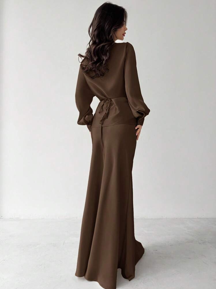 Firerie Women's Elegant Apricot Satin Asymmetric Hem Satin Skirt,Fall - Coffee Brown - View 2