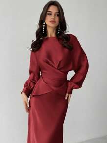 Firerie 女士优雅缎面不对称下摆半身裙 - 酒紅色 - 查看 5